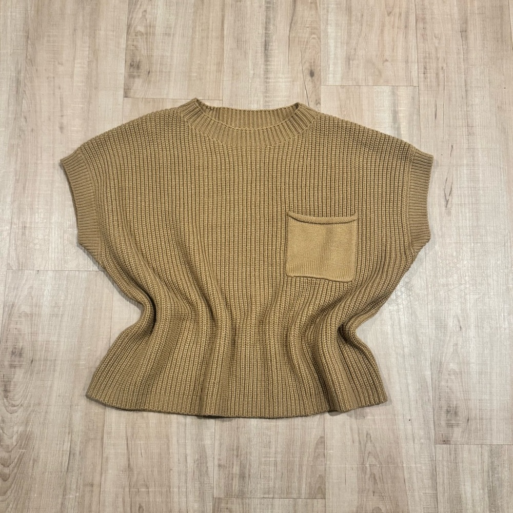 Crew Neck Short Sleeve Knit Wool Blend Boxy Oversized Sweater - Camel
